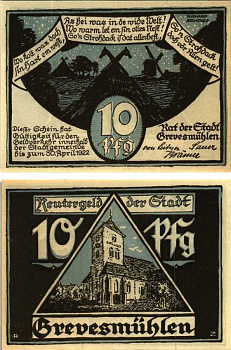ГРЕВЕСМЮЛЕН 10 ПФЕННИГОВ 1922 НОТГЕЛЬД, 1922 - 30 АПРЕЛЯ 1922, ЗЕМЛЯ МЕКЛЕНБУРГ-ПЕРЕДНЯЯ ПОМЕРАНИЯ Grabowski 473.2 бумага 7548-117-1-1