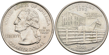 США 25 центов = квотер 2001 D, серия штаты США, Кентукки KM 322 медь плакированная медно-никелем 4586-154