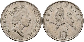 Великобритания 10 пенсов 1992 Елизавета II (1952-2022) KM 938b, Spink 4367 (F4) медно-никель 4601-444