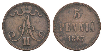 Россия для Финляндии 5 пенни 1867 Александр II (1855-1881) Биткин 659 медь 4652-1257