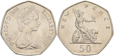 Великобритания 50 пенсов 1969 Елизавета II (1952-2022) KM 913, Spink 4223 (H1) медно-никель UNC 4565-245