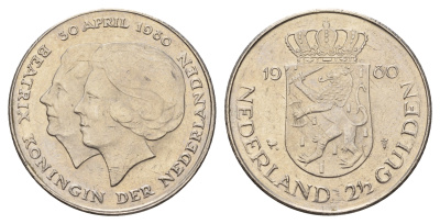 Нидерланды 2 1/2 гульдена 1980 коронация Беатрикс, 30 апреля 1980 KM 201 никель 4683-832