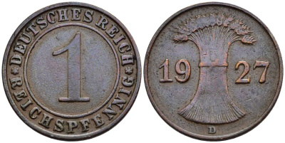 ГЕРМАНИЯ 1 РЕЙХСПФЕННИГ 1927 D KM 37, J. 313, Weege 2 бронза 4547-122