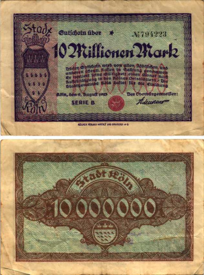 КЁЛЬН 10000000 МАРОК 1923 НОТГЕЛЬД, 9 АВГУСТА 1923, СЕРИЯ B, 4 ММ., ЗЕМЛЯ СЕВЕРНЫЙ РЕЙН-ВЕСТФАЛИЯ Keller 2684m бумага 6318-36-1-1