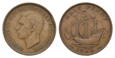Великобритания 1/2 пенни 1945 Георг VI (1936-1952) KM 844, Spink 4115 бронза 4675-422