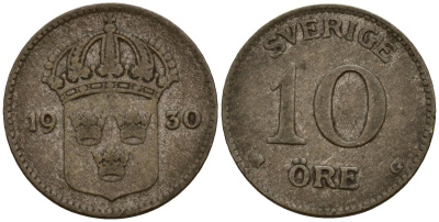 Швеция 10 эре 1930 Густав V (1907-1950) KM 780 серебро 4154-745