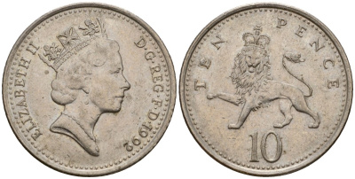 Великобритания 10 пенсов 1992 Елизавета II (1952-2022) KM 938b, Spink 4367 (F4) медно-никель 4601-444