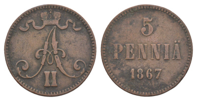 Россия для Финляндии 5 пенни 1867 Александр II (1855-1881) Биткин 659 медь 4652-1257