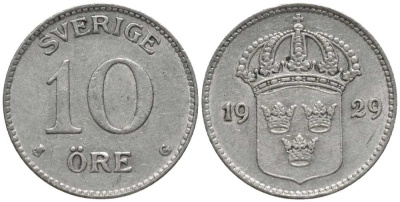 Швеция 10 эре 1929 G, Густав V (1907-1950) КМ 780 серебро 201-1059