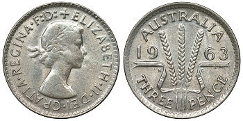 Австралия 3 пенса 1963 m, Елизавета II (1952-2022) KM 57 серебро 71-839