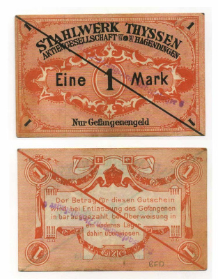 Германия 1 марка ND сталелитейные заводы Тиссена (THYSSEN), лагерь военнопленных Tieste 326.11 бумага 000-00-00