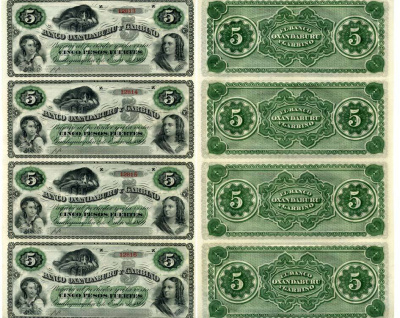 Аргентина, Banco Oxandaburu y Garbino 5 песо 1869 неразрезанный блок из 4 банкнот. Fuerte peso Pick S1792  бумага  UNC (пресс) 7551-47-1-1