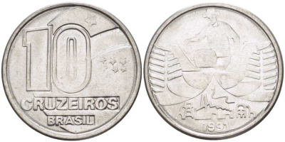 Бразилия 10 крузейро 1990 золотодобыча KM 619.1 нержавеющая сталь 4364-613
