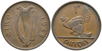 ИРЛАНДИЯ 1 ПЕННИ 1948 КУРИЦА С ЦЫПЛЯТАМИ KM 11 бронза 4110-325