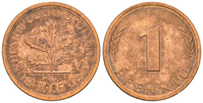 ФРГ 1 пфенниг 1985 J KM 105, J. 380 сталь плакированная медью aUNC 4615-322