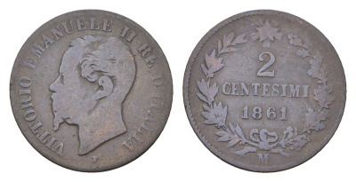 Италия 2 чентезимо 1861 M, Виктор Эммануил II (1861-1878) KM 2.1 медь 4580-1147