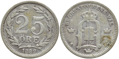 Швеция 25 эре 1889 EB, Оскар II (1872-1907) король Швеции и Норвегии KM 739 серебро 1530-613