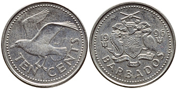 Барбадос 10 центов 1996 смеющаяся (Ацтекская) чайка KM 12 медно-никель 4396-1234
