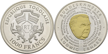Того 1000 франков 2005 канцлер Германии, Людвиг Эрхард (1963-1966), позолота серебро PROOF 04-318-32