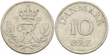 Дания 10 эре 1953 N; S, Фредерик IX (1947-1972) KM 841.1 медно-никель 3309-139