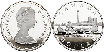 Канада 1 доллар 1984 150 лет Торонто, каноэ KM 140 серебро PROOF 1095-6-33