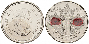 Канада 25 центов 2010 65 лет победы во Второй мировой войне, цветная эмаль KM 1028 никелированная сталь UNC M32-03