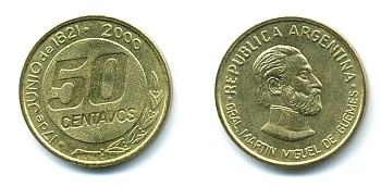 Аргентина 50 сентаво 2000 179 лет со дня смерти генерала Мартина Мигела де Гемеса KM 129 алюминиевая бронза  UNC   36-225