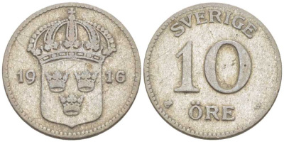 Швеция 10 эре 1916 W, Густав V (1907-1950) KM 780 серебро 116-1142