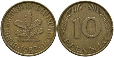 ФРГ 10 ПФЕННИГОВ 1982 J KM 108, J.383 сталь плакированная латунью 33-152