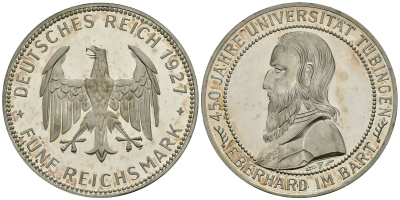 Германия 5 марок 1927 F, 450 лет Университету Тюбингена J.329, KM 55 серебро PROOF 00-000-00