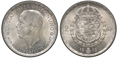 Швеция 2 кроны 1943 G, Густав V KM 815 серебро 4178-1342