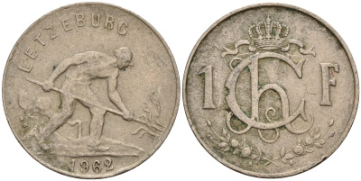 Люксембург 1 франк 1962 сталевар KM 46.2 медно-никель 4597-1143
