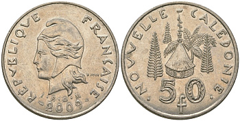 Французская Новая Каледония 50 франков 2009 хижина среди сосен и пальм, (IEOM) KM 13a, Schoen 15a, Lec 128i медно-никель 115-834