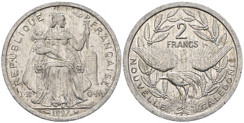 Французская Новая Каледония 2 франка 1997 птица кагу, (IEOM) KM 14, Schoen 11, Lec 68b алюминий    28-314