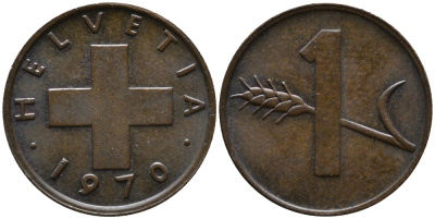Швейцария 1 раппен 1970 KM 46 бронза 96-1126