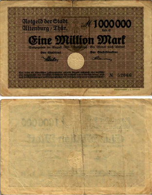 ГЕРМАНИЯ 1000000 МАРОК 1923 АВГУСТ 1923, ГОРОД АЛЬТЕНБУРГ В ТЮРИНГИИ, НОТГЕЛЬД бумага 444-147-1