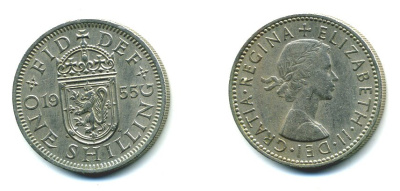 Великобритания 1 шиллинг 1955 Елизавета II (1952-2022), Шотландский герб KM 905, Spink 4148 медно-никель 540-544
