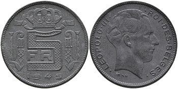 БЕЛЬГИЯ 5 ФРАНКОВ 1945 BELGES, ГЕРМАНСКАЯ ОККУПАЦИЯ, ВТОРАЯ МИРОВАЯ ВОЙНА KM 129.1 цинк 93-1153
