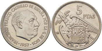 Испания 5 песет 1957 (75) Франсиско Франко (1939-1975) KM 786 медно-никель 67-917