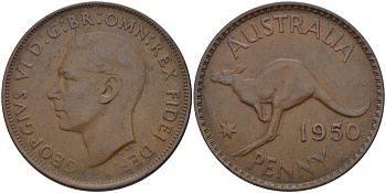 АВСТРАЛИЯ 1 ПЕННИ 1950 m, ГЕОРГ VI (1936-1952), КЕНГУРУ KM 43 бронза 82-746