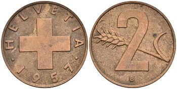 Швейцария 2 раппена 1957 В KM 47 бронза 4591-1211