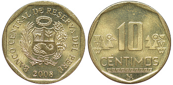 Перу 10 сентимо 2008 KM 305.4 латунь aUNC 4605-551