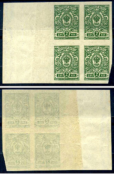 Россия квартблок, марка с номиналом 2 копейки 1917 Загорский 141b типография 8705-51-3-1