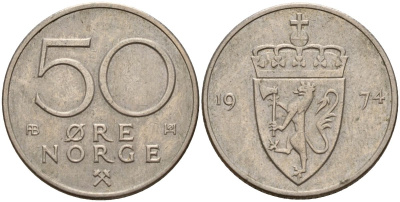 Норвегия 50 эре 1974 Улаф V (1957-1991) KM 418 медно-никель 4152-461