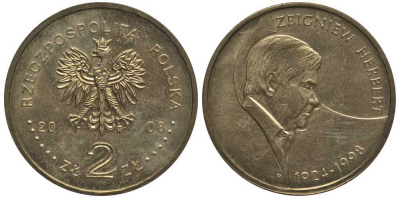 Польша 2 злотых 2008 10 лет со дня смерти Херберта Збигнева KM 634 латунь 114-415