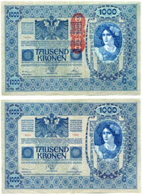 АВСТРИЯ 1000 КРОН 1919 ВЕНА, 2 ЯНВАРЯ 1902, КРАСНАЯ ВЕРТИКАЛЬНАЯ НАДПЕЧАТКА Pick 59 бумага XF 8607-40-1