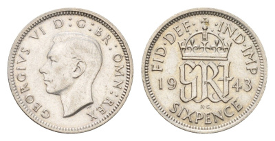 Великобритания 6 пенсов 1943 Георг VI (1936-1952) KM 852, Spink 4084 серебро 4674-1037