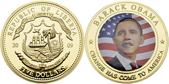 Либерия 5 долларов 2009 44-ый Президент США - Барак Обама, позолота, цветная эмаль медно-никель PROOF 02-226-11
