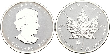 Канада 5 долларов 2011 кленовый лист KM 625 серебро PROOF 00-000-00