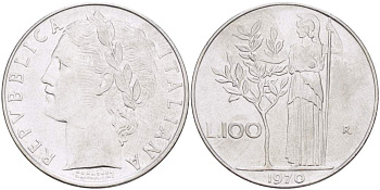 ИТАЛИЯ 100 ЛИР 1970 R, АФИНА, ДИАМЕТР 28 ММ. KM 96.1 нержавеющая сталь 4512-1024